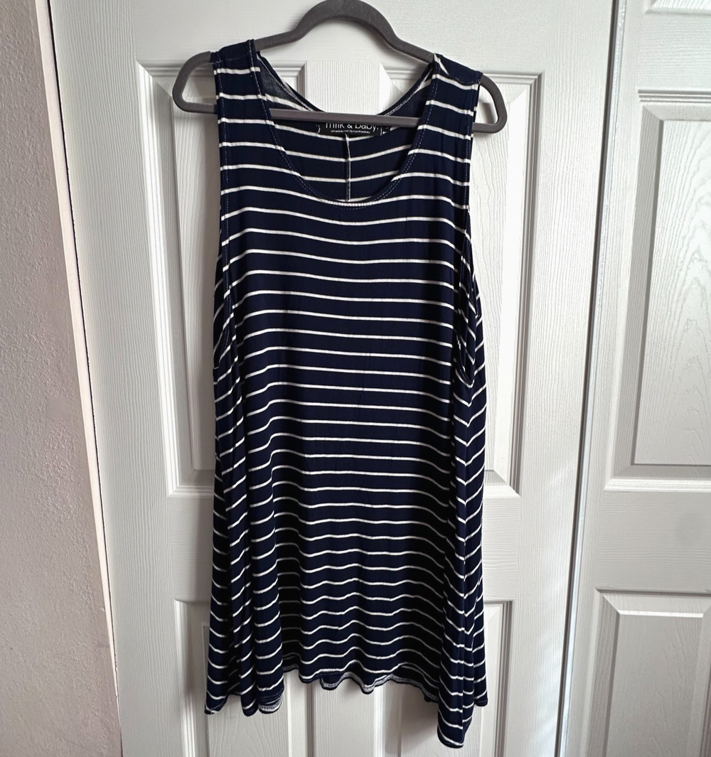 Milk & Baby Sz LRG Navy White Stripe Maternity Nursing Dress Sleeveless Nautical
